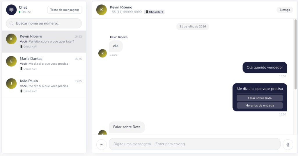 Tela de chat BridgeChat com conversas e botões interativos